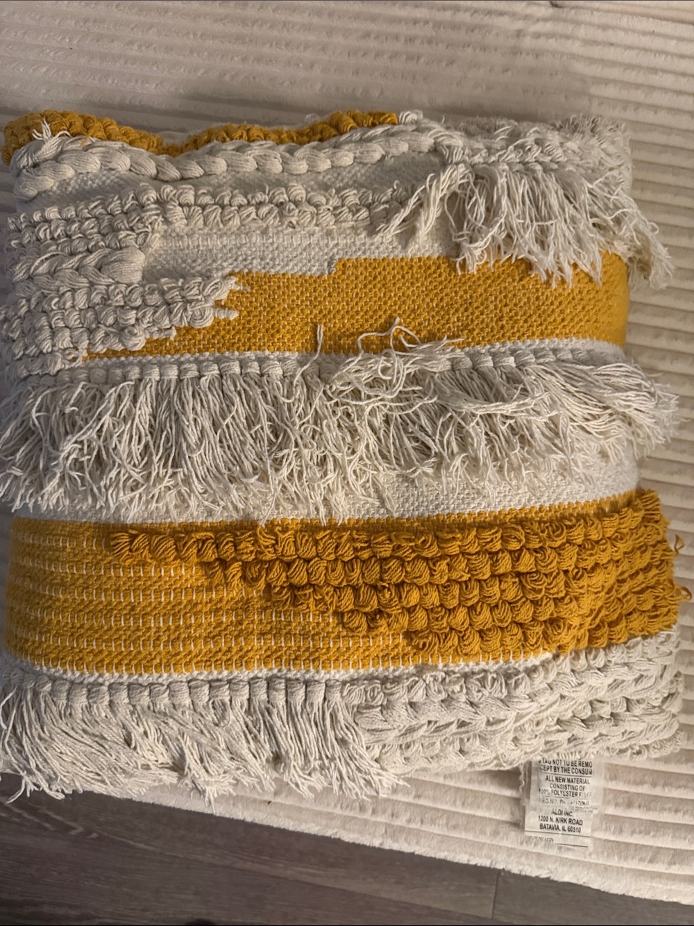 Textured Fringe Throw Pillow in Mustard and Cream